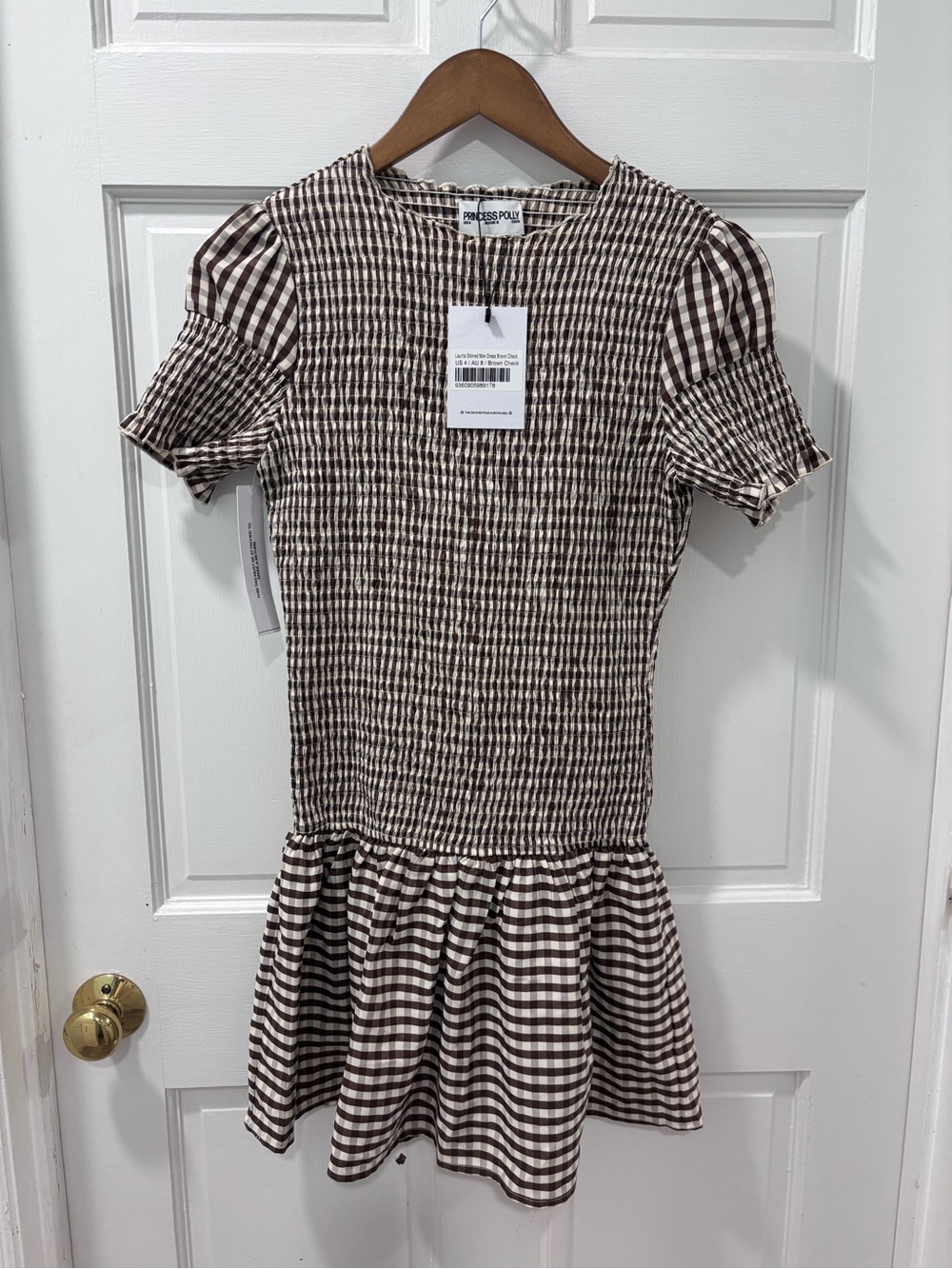 Princess Polly Women’s Laurita Shirred Mini Dress Size 4 Brown Check New W/ Tags - Picture 3 of 8
